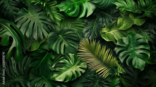 Wallpaper Mural 97.A lush set of greenery foliage elements, with an assortment of leaf shapes and sizes. The design emphasizes the fresh, vibrant green tones and detailed leaf patterns, from broad tropical leaves to Torontodigital.ca