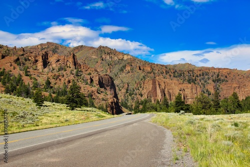 Red Rock Cliffs Along the Shoshone River on the Road to Yellowstone National Park in Wyoming.