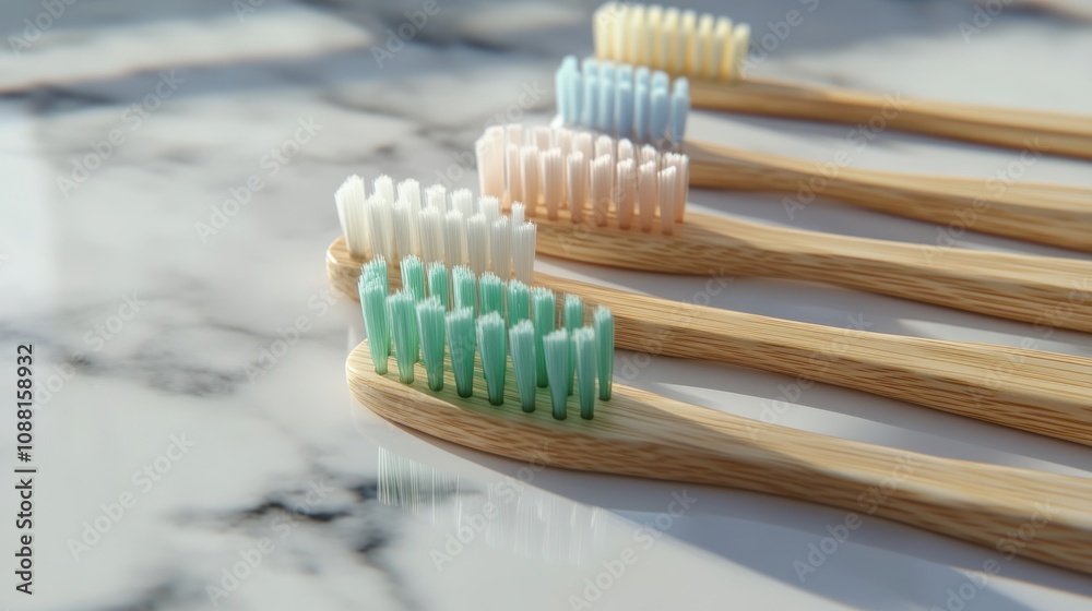 Colorful Bamboo Toothbrushes on Marble Surface Colorful Bamboo Toothbrushes on Marble Surface