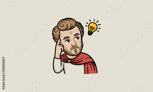 Thinking man with lightbulb idea in a red cape cartoon