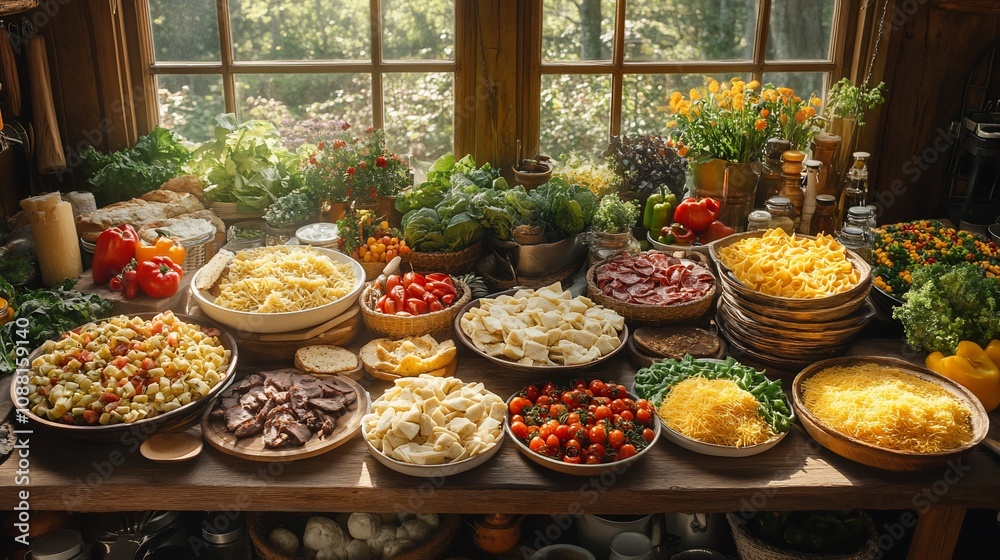 Here's a description following your specifications

 Rustic kitchen table laden with fresh pasta ingredients.