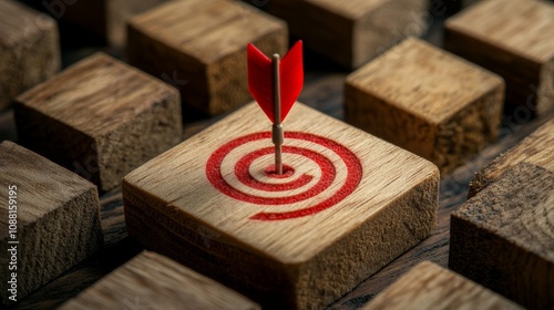 36.A close-up of a red arrow in mid-air, just as it strikes the center of a target circle on a wooden cube. The cube is surrounded by similar wooden blocks, but the focus is on the precision and