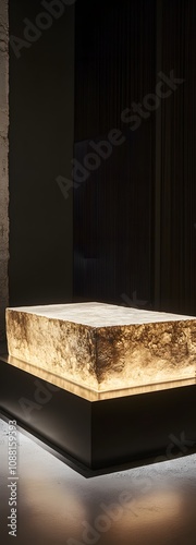 18. A polished stone podium, illuminated softly from above, creating a spacious area for a product to be placed. photo