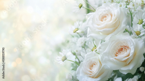 Fototapeta Naklejka Na Ścianę i Meble -  Beautiful white roses and daisies create serene floral arrangement, perfect for expressing sympathy and love during difficult times. soft colors evoke sense of peace and comfort