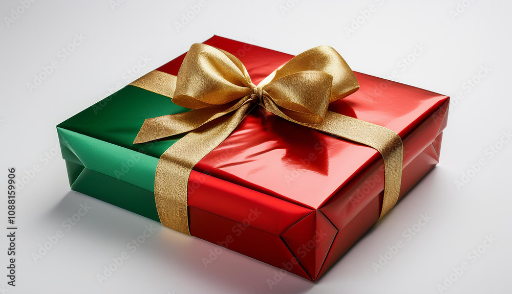 Obraz premium Christmas gift box with festive wrapping paper in red, green, and gold, tied with ribbon bows, isolated on a white background