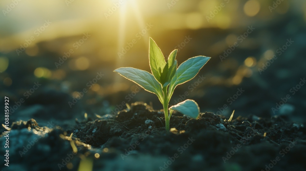 45.A tiny plant sprouting from the earth under the soft glow of sunlight, its leaves fresh and vibrant. The bright sunlight emphasizes the theme of sustainable growth, eco-consciousness, and 45.A tiny plant sprouting from the earth under the soft glow of sunlight, its leaves fresh and vibrant. The bright sunlight emphasizes the theme of sustainable growth, eco-consciousness, and
