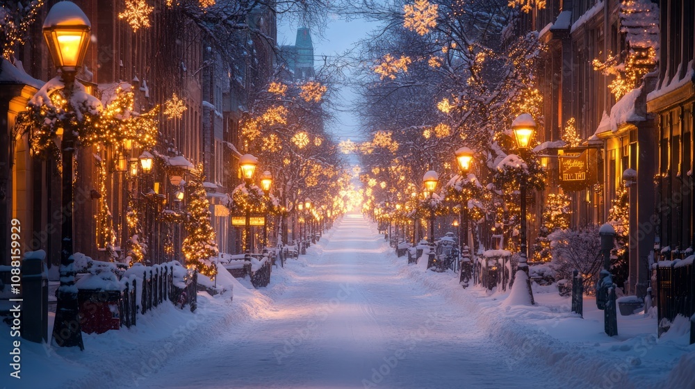 Snow-covered street at night with Christmas lights and warm glow. Snow-covered street at night with Christmas lights and warm glow.