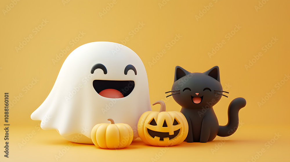 Obraz premium Character cute ghost laughing with cat 3D