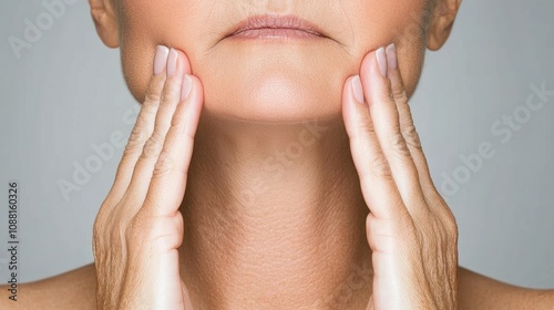Close-up of a woman assessing her thyroid area, highlighting the importance of self-examination for thyroid conditions like goiter and cancer