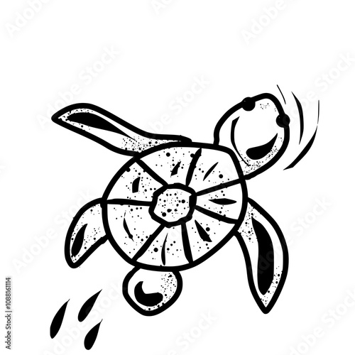 A black and white drawing of a turtle swimming.