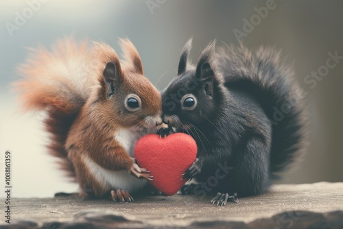 Love is in the Air: Cute Squirrel Couple Celebrating Valentine's Day on Tree Trunk with Red Heart - Perfect for Greeting Cards and Wedding Invites