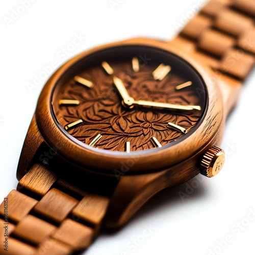 Elegant wooden watch with intricate floral design on white isolated background photo