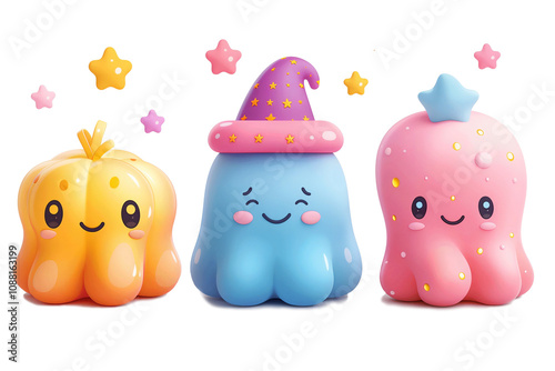 Funny monsters. Blob shape creatures with silly 3D faces, color jelly monsters set of monster happy childish, slimy and sticky blob, cartoon cute photo