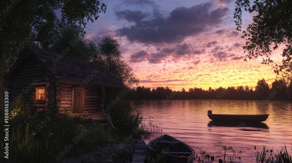 Wooden river cabin, docked boat nearby, evening sky Wooden river cabin, docked boat nearby, evening sky
