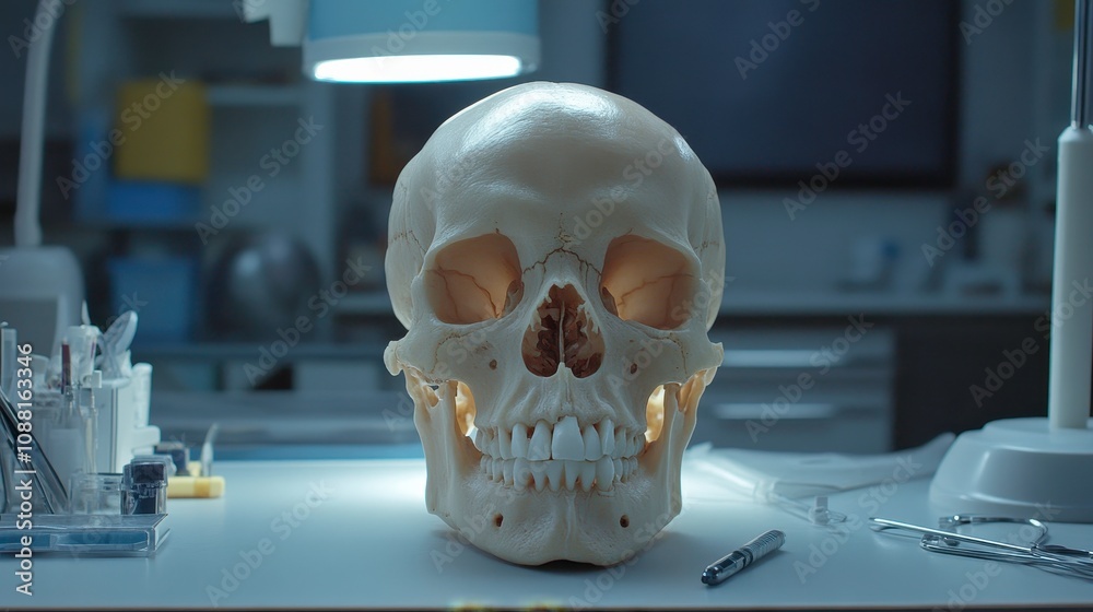 Human Skull on Desk with Intense Medical Lighting Human Skull on Desk with Intense Medical Lighting