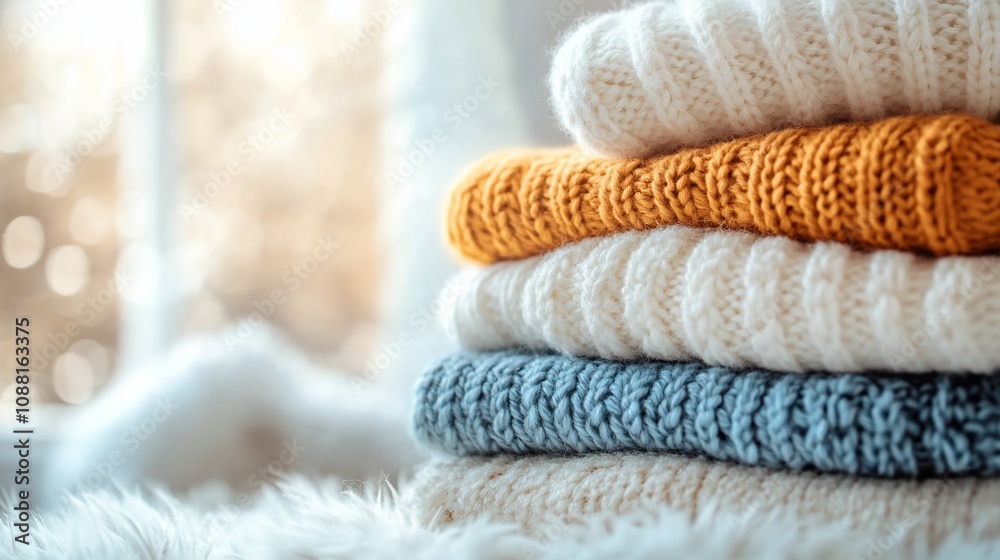 Stack of cozy knitted sweaters in warm colors near a window. Stack of cozy knitted sweaters in warm colors near a window.