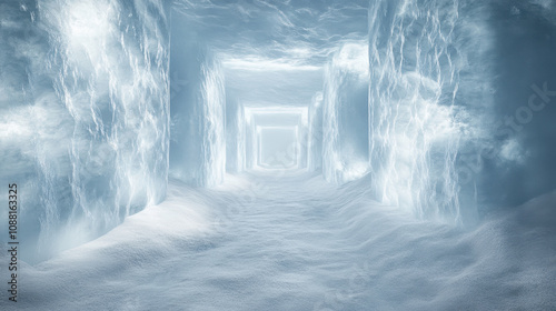 hyper realistic 3D render of icy corridor with surreal atmosphere, featuring icy walls and snowy floor, creating sense of depth and tranquility