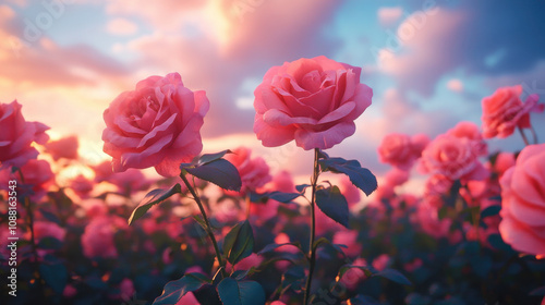 Beautiful pink roses bloom in vibrant field under colorful sky, evoking sense of tranquility and joy