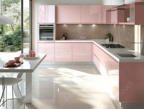 Modern Pink Kitchen Design With Garden View
