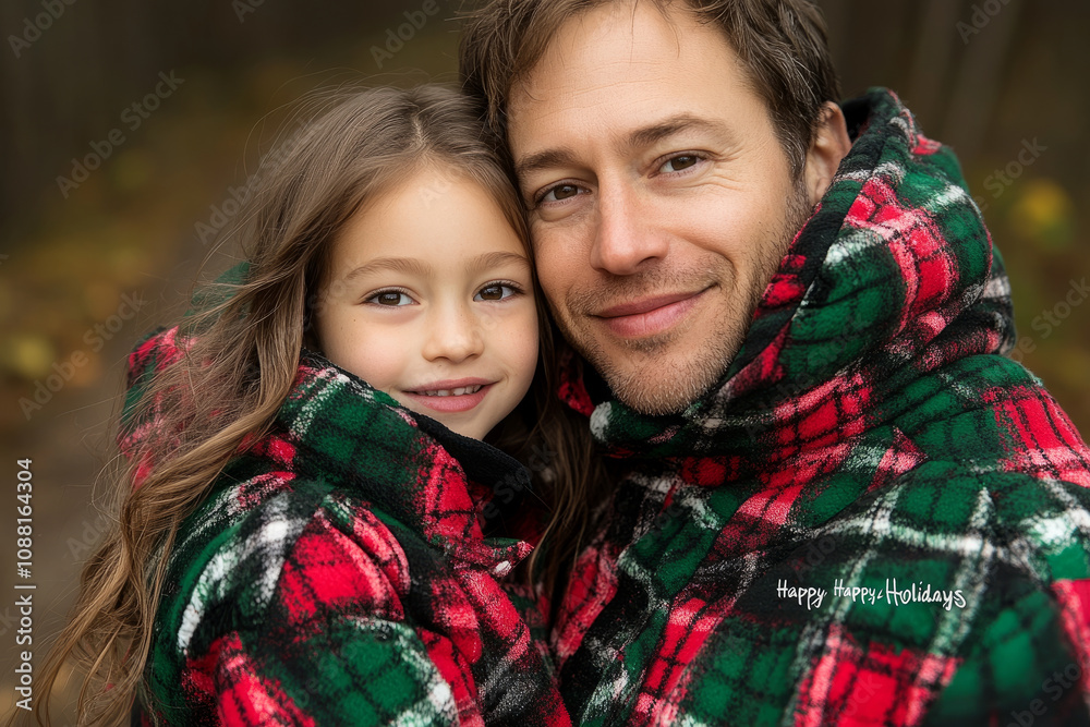 A man and a little girl are wearing matching plaid and red coats A man and a little girl are wearing matching plaid and red coats