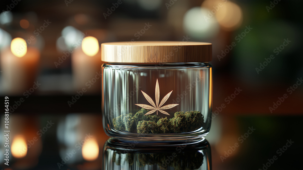 Glass Cannabis Jar with Wooden Lid and Engraved Leaf Design, Soft Candlelight