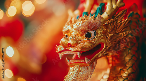 Golden sculpture of an Asian dragon or lion at the entrance to a Buddhist temple. Red background, lights and bokeh. Chinese New Year, Tet, Lunar New Year. Copyspace for your text.