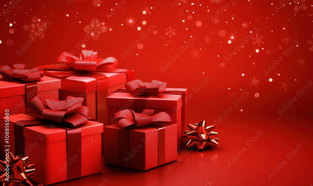 Festive red background with several gift boxes adorned with bows, creating joyful holiday atmosphere. Perfect for celebrations and gifting moments