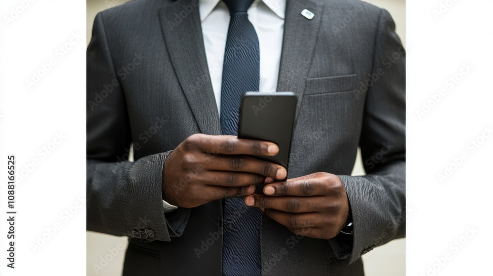 Business professional using smartphone urban setting corporate environment close-up view technology and communication concept Business professional using smartphone urban setting corporate environment close-up view technology and communication concept