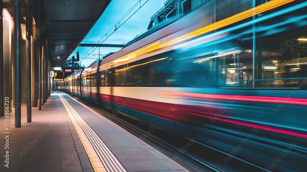 Light Rail Train Moving Along Tracks in Urban Setting, Depicting Efficient Public Transportation with Modern Design, Surrounded by Cityscape and Infrastructure.