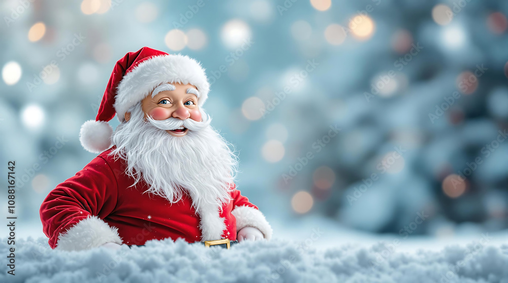 A jolly Santa Claus figurine, with a wide smile and white beard, is nestled in a pile of snow against a blurred backdrop of twinkling Christmas lights and trees.