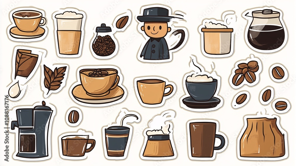 62.A collection of coffee stickers in a doodle style, showcasing a cheerful barista character alongside various coffee-related items such as beans, espresso cups, kettles, and frothy cappuccinos. The 62.A collection of coffee stickers in a doodle style, showcasing a cheerful barista character alongside various coffee-related items such as beans, espresso cups, kettles, and frothy cappuccinos. The