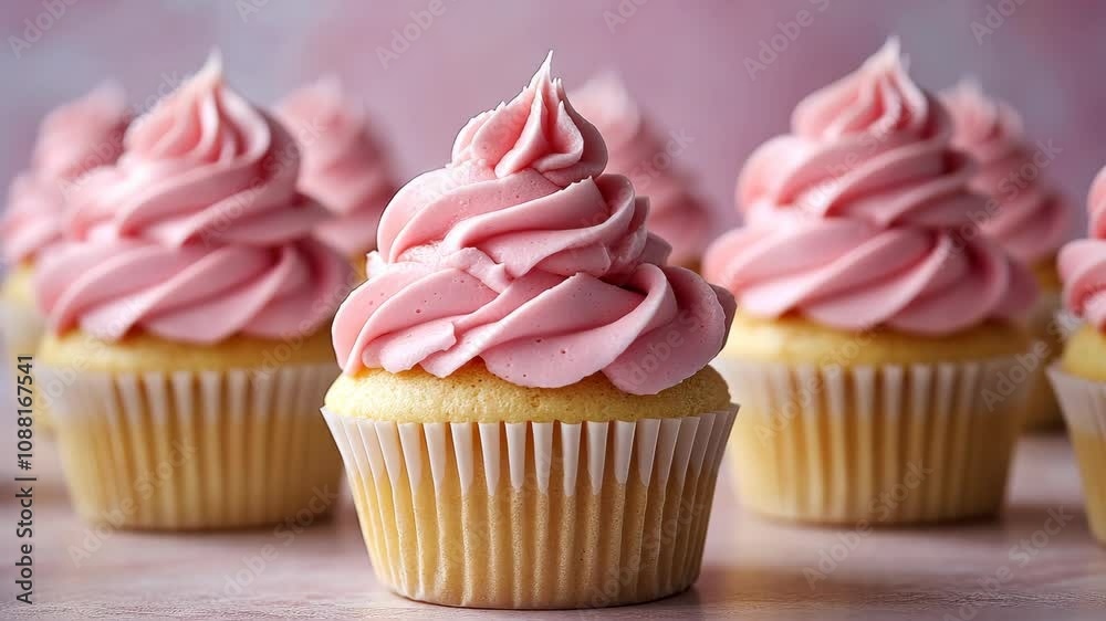Pink frosted cupcakes with pink frosting and pink sprinkles. The cupcakes are arranged in a row on a table Pink frosted cupcakes with pink frosting and pink sprinkles. The cupcakes are arranged in a row on a table