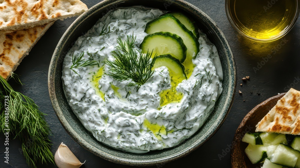 Tzatziki dip with cucumber, dill and olive oil on dark background Tzatziki dip with cucumber, dill and olive oil on dark background
