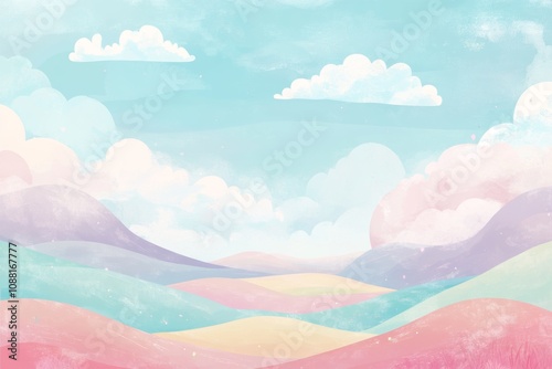 Whimsical pastel rainbow landscape with fluffy clouds in a soft blue sky for colorful dreaming
