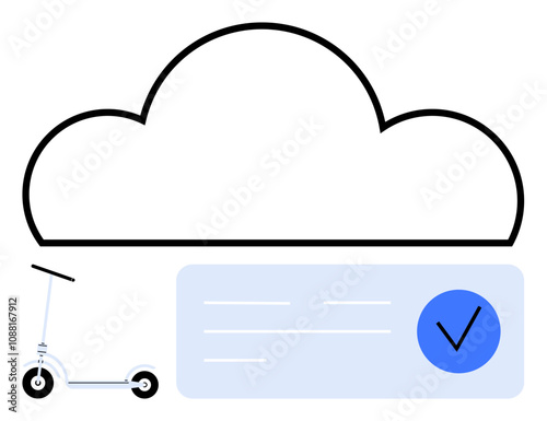 Large cloud outline with an electric scooter and blue checkmark overlayed on a light blue rectangular label. Ideal for technology, e-mobility, cloud services, digital security, transportation, modern