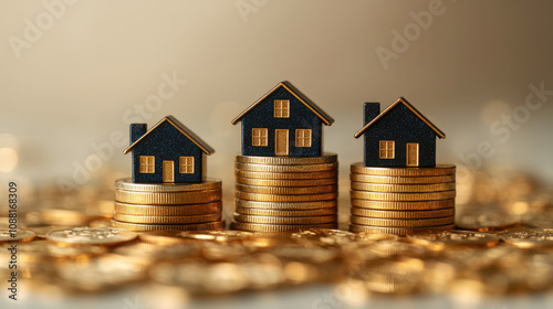 Three small houses on stacks of gold coins symbolize wealth and investment opportunities in real estate. This captures essence of financial growth and prosperity