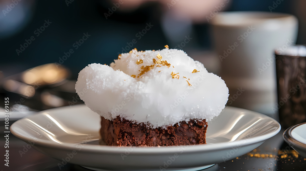 Delicious chocolate dessert topped with soft, fluffy meringue and a sprinkle of gold dust on a stylish plate. Perfect for sweet lovers! Delicious chocolate dessert topped with soft, fluffy meringue and a sprinkle of gold dust on a stylish plate. Perfect for sweet lovers!