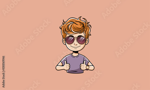 Cool red-haired boy wearing sunglasses giving thumbs up