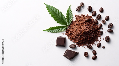 99.A minimalist close-up of a vibrant green cannabis leaf, a pile of fine cacao powder creating a soft mound, and shiny coffee beans scattered artfully on a white background. The dark chocolate