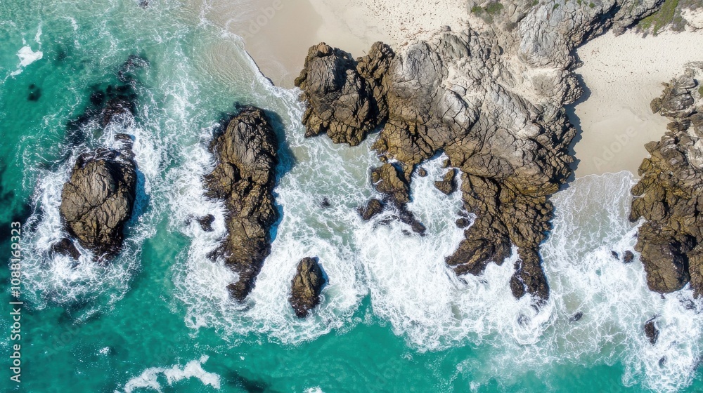 Aerial view of rugged coastal rocks and turquoise waves Aerial view of rugged coastal rocks and turquoise waves