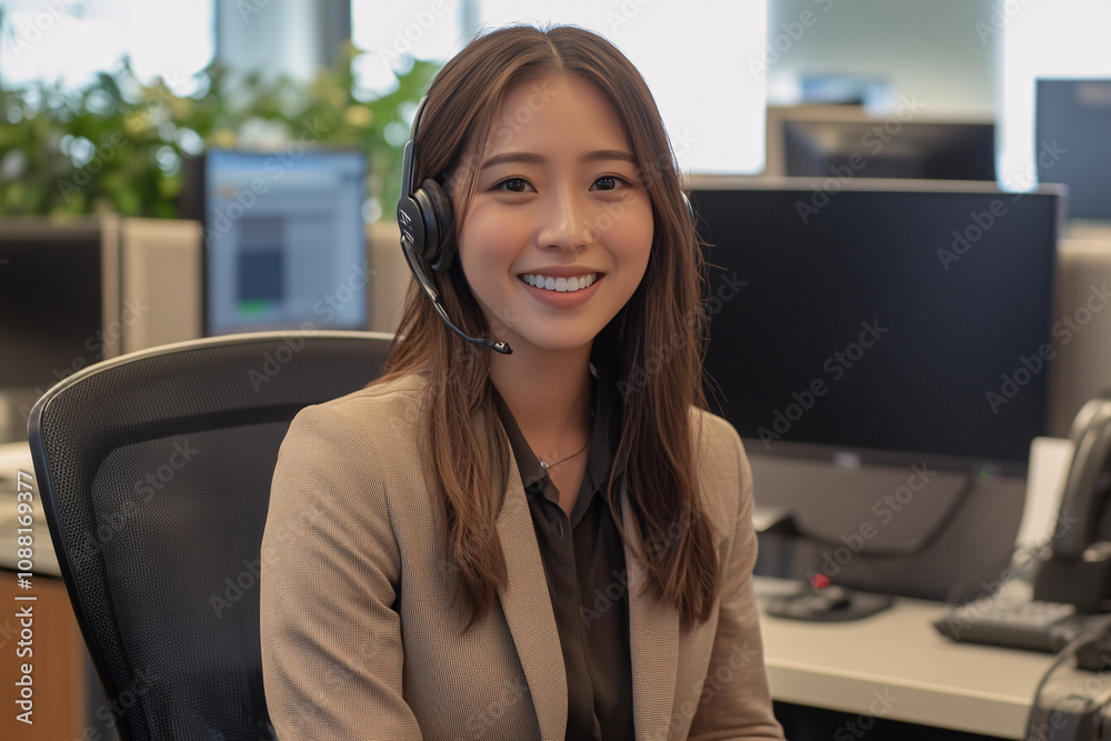 asian woman as call center operator sitting in office room asian woman as call center operator sitting in office room