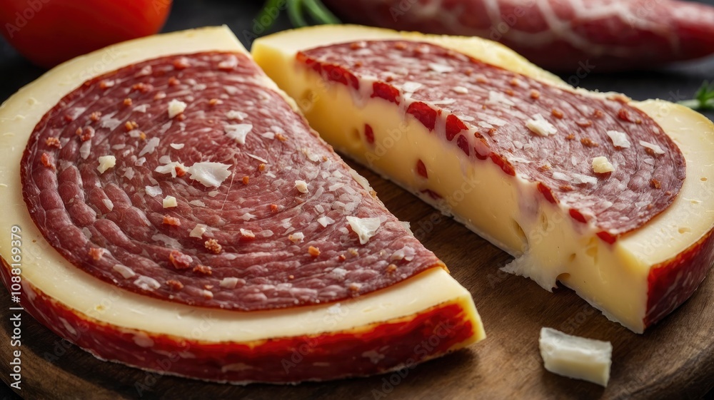 Salami cheese, round gouda slices isolated on white background - generative ai Salami cheese, round gouda slices isolated on white background - generative ai