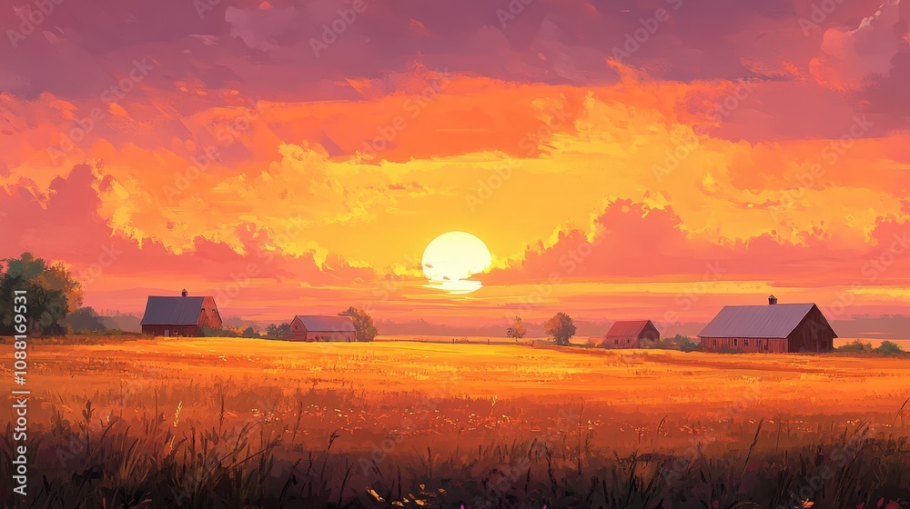 A beautiful summer sunset over a farm, with the sun setting just behind a row of barn buildings. A beautiful summer sunset over a farm, with the sun setting just behind a row of barn buildings.