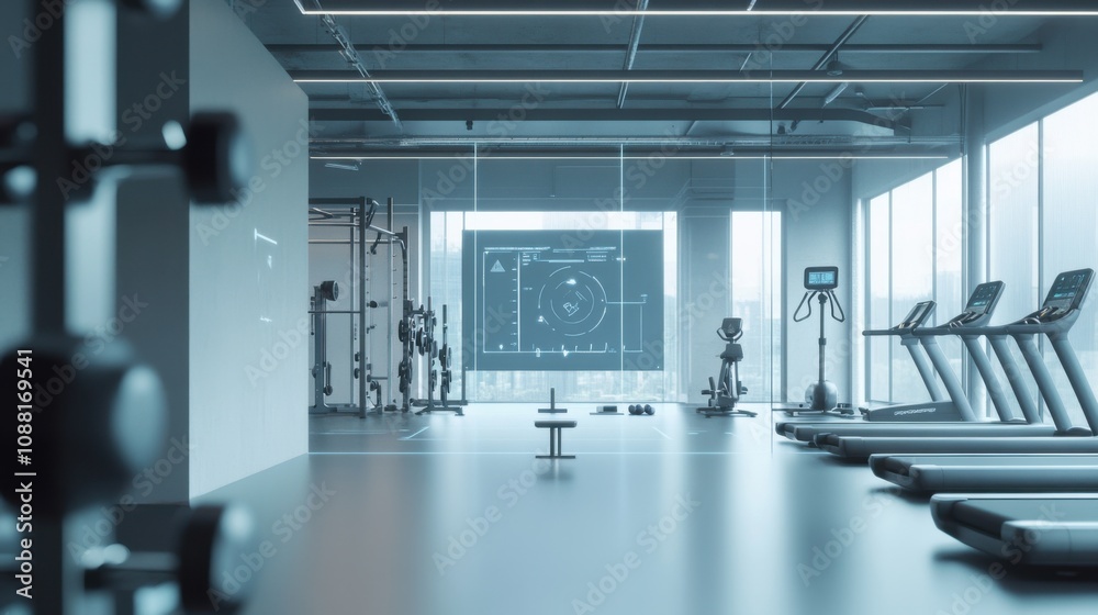 A high-tech AI-powered smart health monitoring system for fitness, modern gym environment with integrated sensors for tracking and optimizing workout performance, Health Monitoring style A high-tech AI-powered smart health monitoring system for fitness, modern gym environment with integrated sensors for tracking and optimizing workout performance, Health Monitoring style
