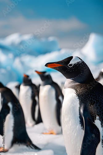 Group of Penguins Socializing on Icy Landscape under Clear Blue Sky Highlighting Natural Habitat