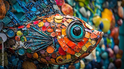 This vibrant sculpture showcases eco-friendly art made from recycled waste materials, transforming debris into a colorful fish design. Ideal for nature-inspired decor. photo