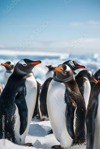 Group of Penguins Socializing on Icy Landscape under Clear Blue Sky Highlighting Natural Habitat