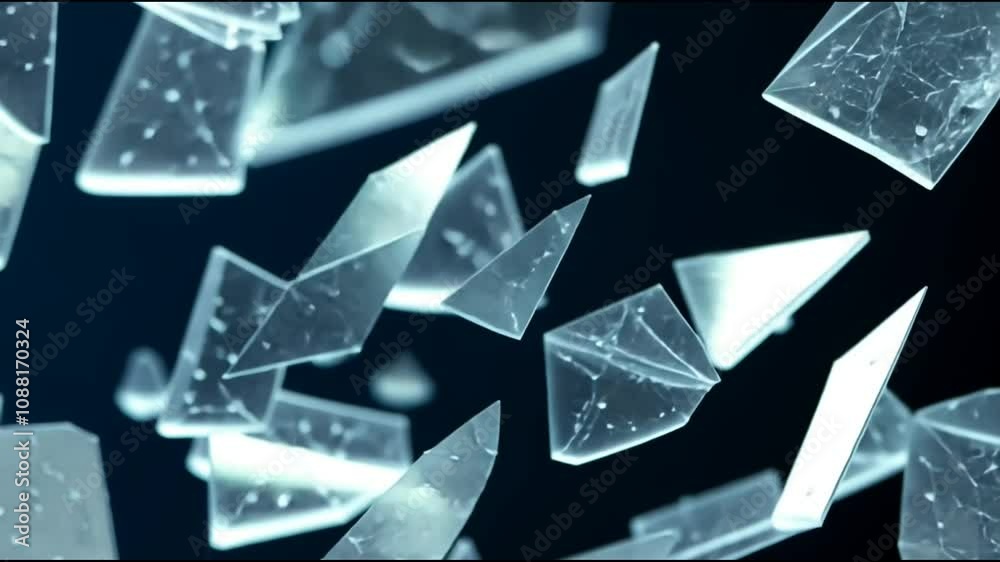 Broken glass with faintly glowing edges, shifting subtly to reveal layers of depth and texture in the video overlay