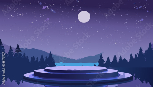 Night landscape with a round podium on the background of the mountains. Vector illustration for products promotion.