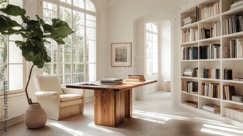 A bright and airy reading table with books neatly arranged, a comfortable armchair, and natural light flooding the room, offering the perfect environment for a reading retreat